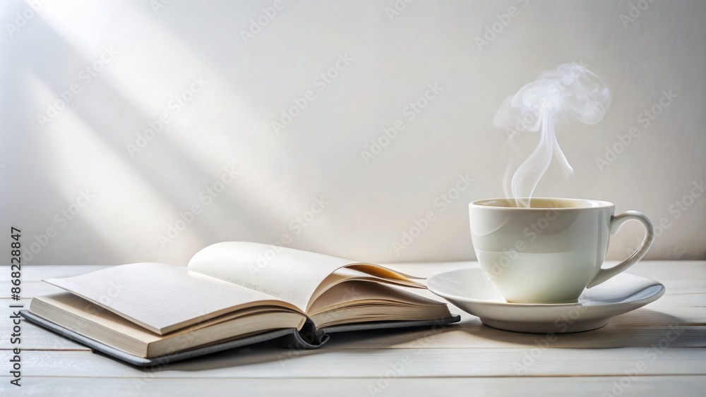Serene studious atmosphere with open book, steaming white coffee cup, and notebook on a white table against a clean white background. Serene studious atmosphere with open book, steaming white coffee cup, and notebook on a white table against a clean white background.