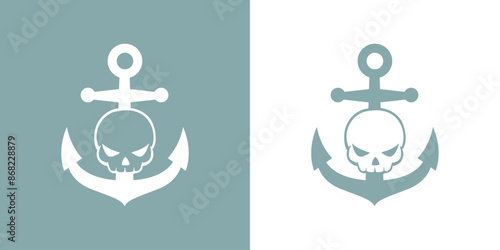 Símbolo pirata. Logo nautical. Silueta de ancla de barco con calavera humana con expresión enojada