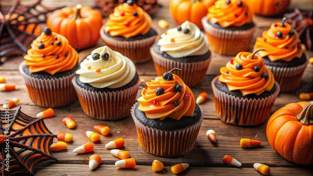 Vibrant orange and black decorated cupcakes with spider web designs, candy corn, and fondant ghosts on a wooden table backdrop. Vibrant orange and black decorated cupcakes with spider web designs, candy corn, and fondant ghosts on a wooden table backdrop.