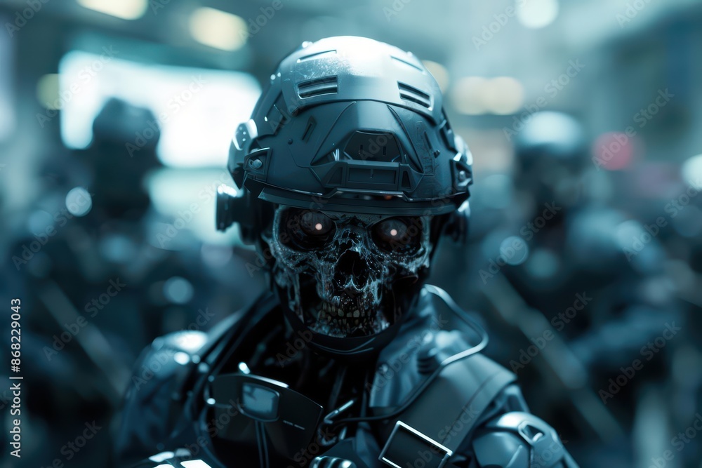 Futuristic scenario with AIcontrolled zombies invading a cyberthemed metropolis with copy space Futuristic scenario with AIcontrolled zombies invading a cyberthemed metropolis with copy space