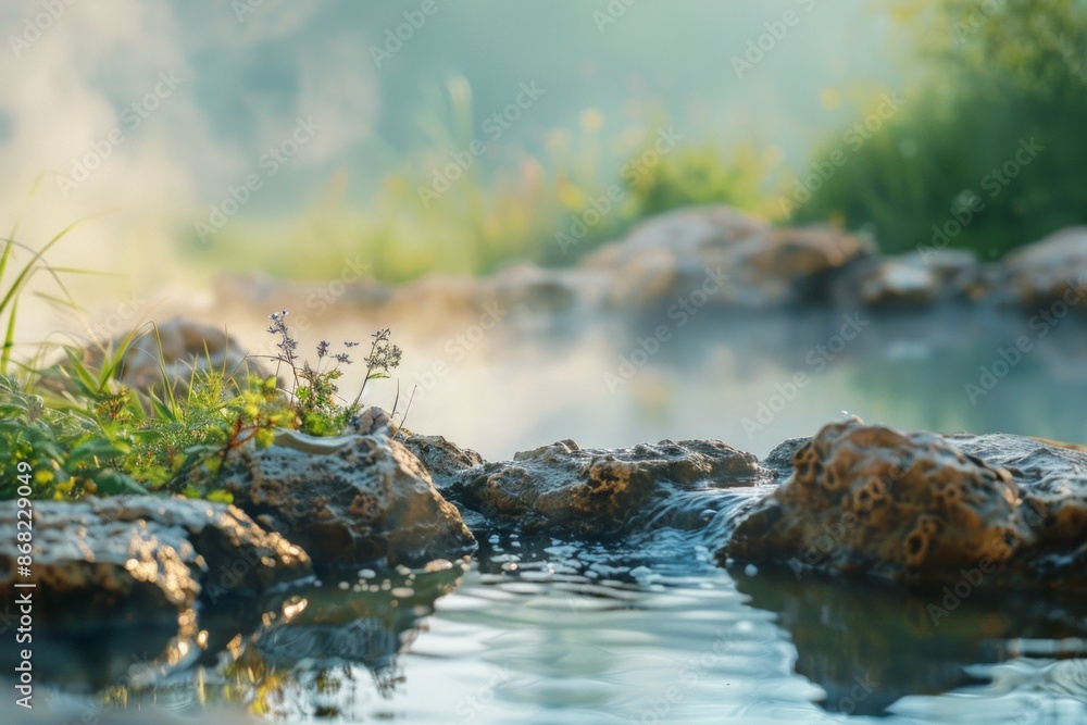 Natural hot springs with steam rising, with a softly blurred background of rocky terrain and greenery. Natural hot springs with steam rising, with a softly blurred background of rocky terrain and greenery.