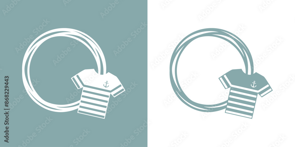 Logo nautical. Silueta de camiseta tipo t-shirt de marinero rayada y con ancla de barco en marco circular con líneas