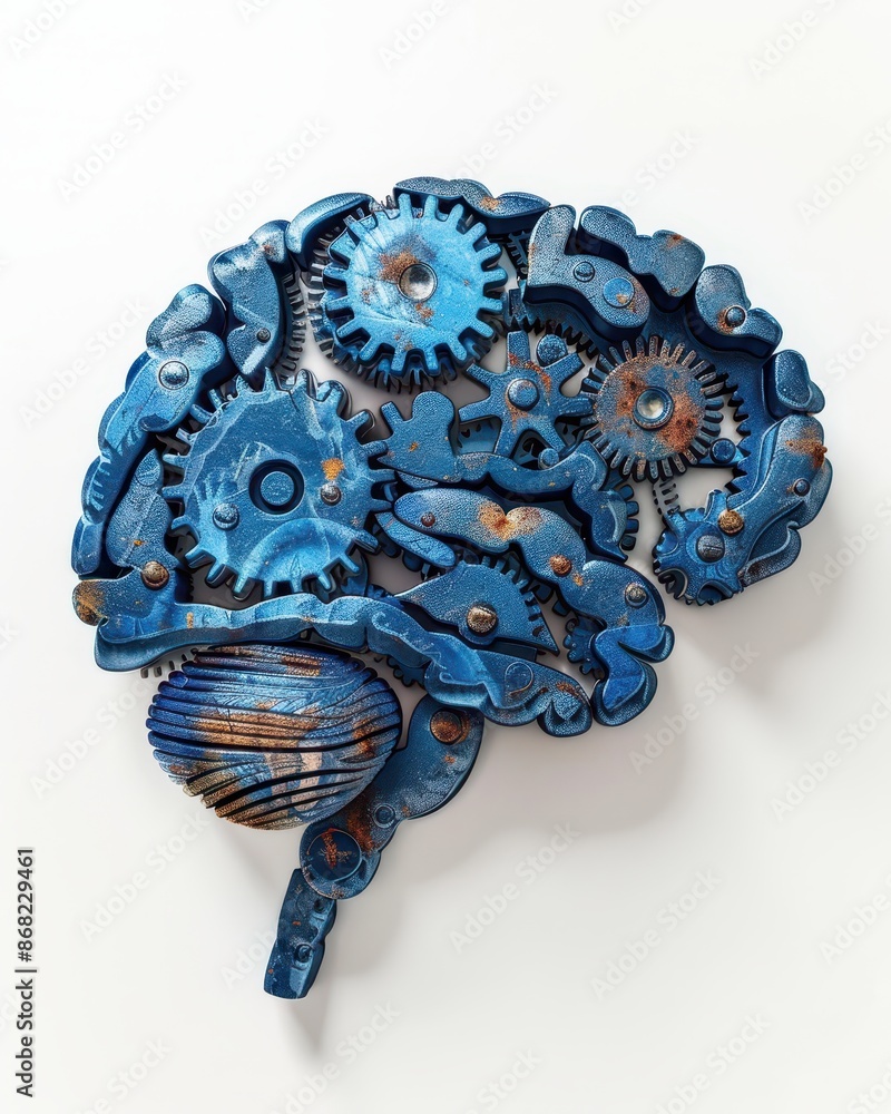 A blue brain with gears and a ball inside A blue brain with gears and a ball inside