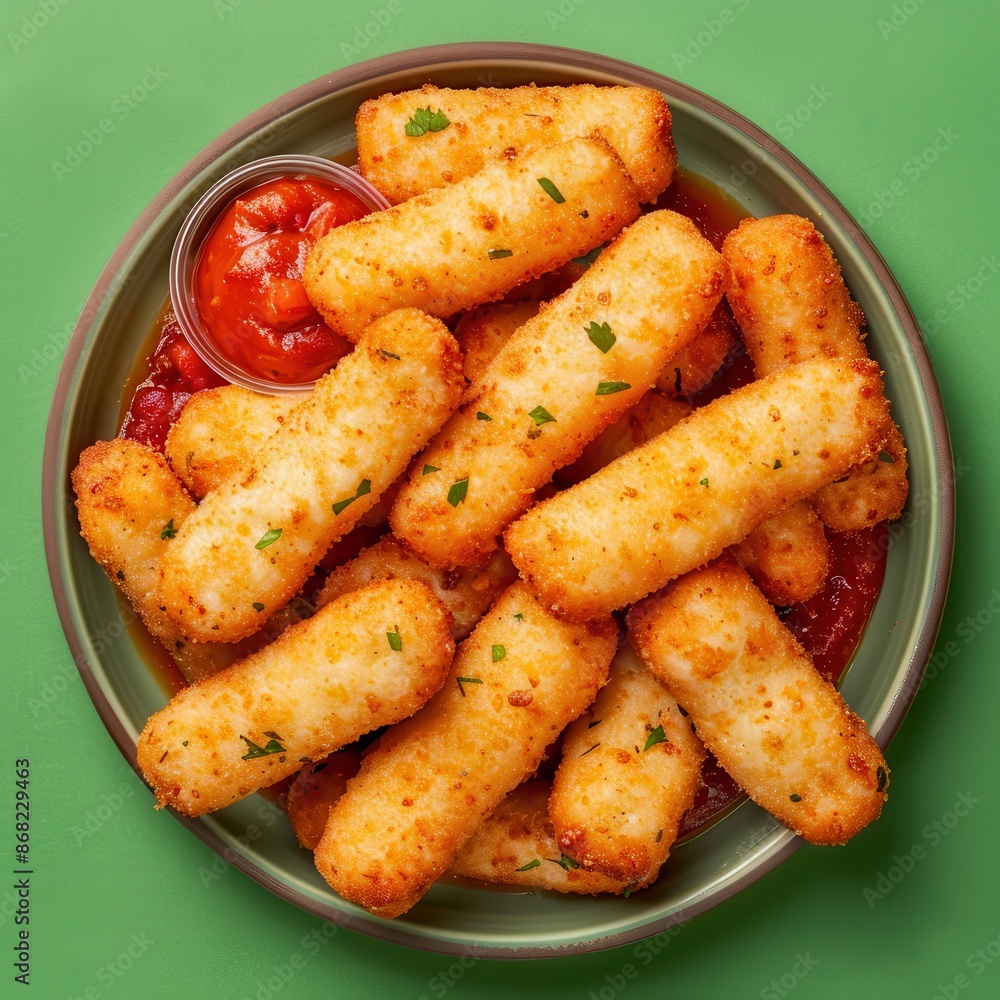 Appetizing plate of crispy cheese sticks with tomato dipping sauce, perfect for snacking or party appetizers. Appetizing plate of crispy cheese sticks with tomato dipping sauce, perfect for snacking or party appetizers.