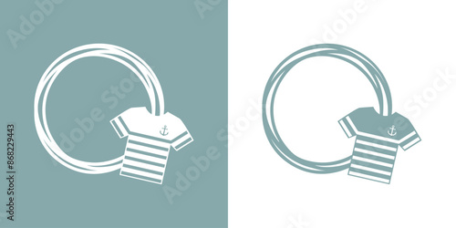 Logo nautical. Silueta de camiseta tipo t-shirt de marinero rayada y con ancla de barco en marco circular con líneas