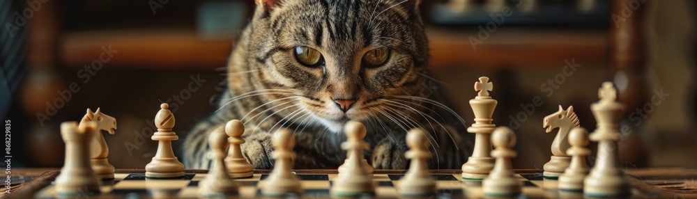 A cat is playing chess with a human. The cat is looking at the board and seems to be focused on the game A cat is playing chess with a human. The cat is looking at the board and seems to be focused on the game