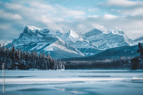 Wallpaper Mural Snow-capped mountains overlooking a frozen lake, with a softly blurred background of snowy trees and sky.  Torontodigital.ca