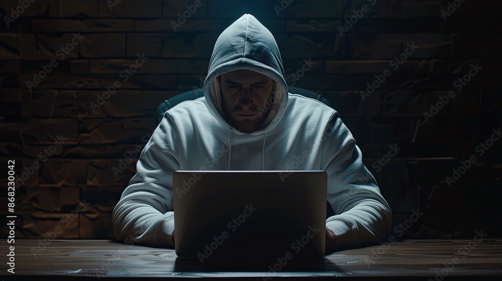 Hooded Hacker in Dark Room. Cybercrime, Data Theft, and Cybersecurity Threats Hooded Hacker in Dark Room. Cybercrime, Data Theft, and Cybersecurity Threats