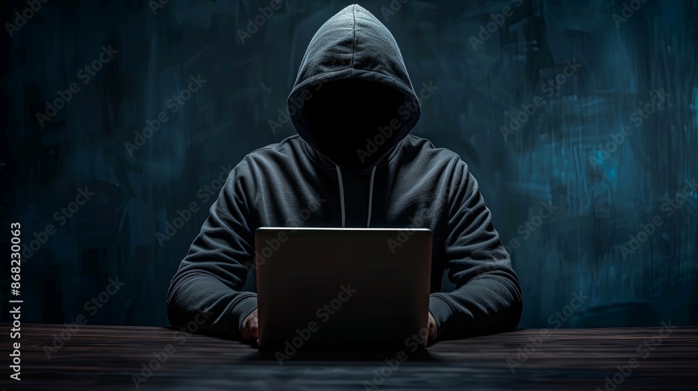 Hooded Hacker in Dark Room. Cybersecurity Threat, Data Breach, Cybercrime Concept Hooded Hacker in Dark Room. Cybersecurity Threat, Data Breach, Cybercrime Concept