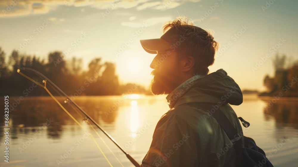Fototapeta premium A man fishes in the golden light of sunset