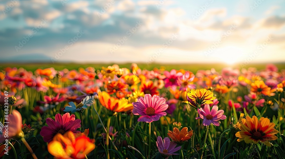 A vibrant flower field with a variety of colorful blossoms stretching to the horizon under a bright sky. A vibrant flower field with a variety of colorful blossoms stretching to the horizon under a bright sky.