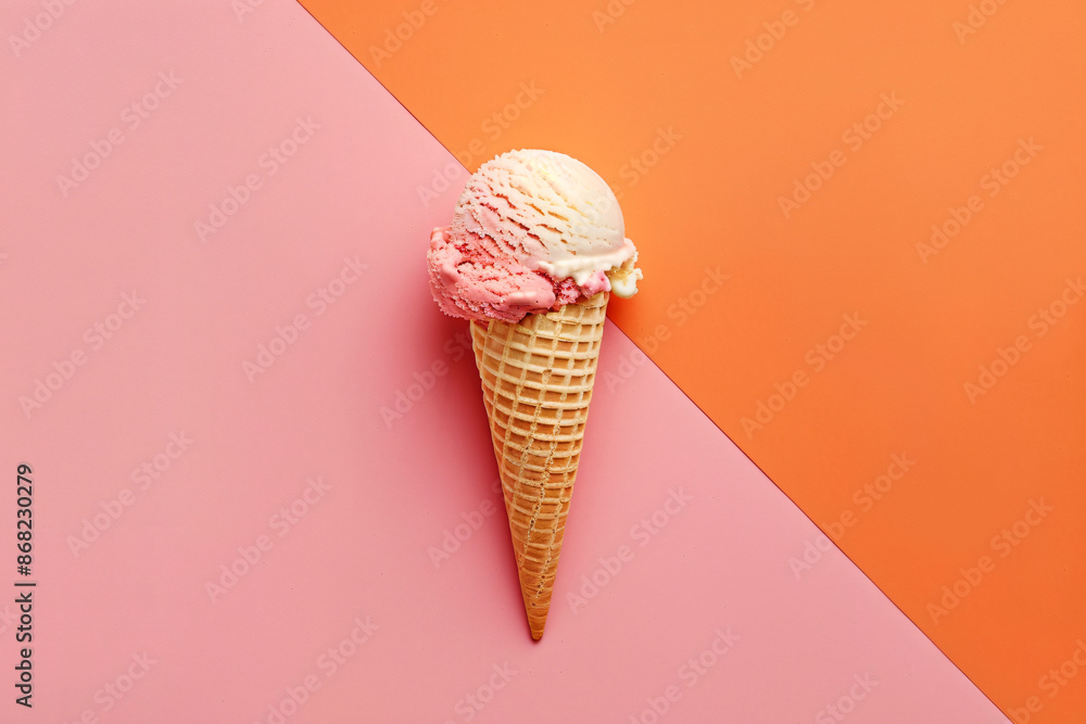Photo of a single ice cream cone on an orange and pink background, minimal concept, flat lay view from above in studio lighting, pastel colors Photo of a single ice cream cone on an orange and pink background, minimal concept, flat lay view from above in studio lighting, pastel colors