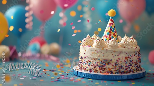 Party hat on a birthday cake with surrounding confetti and streamers, celebration, special occasion