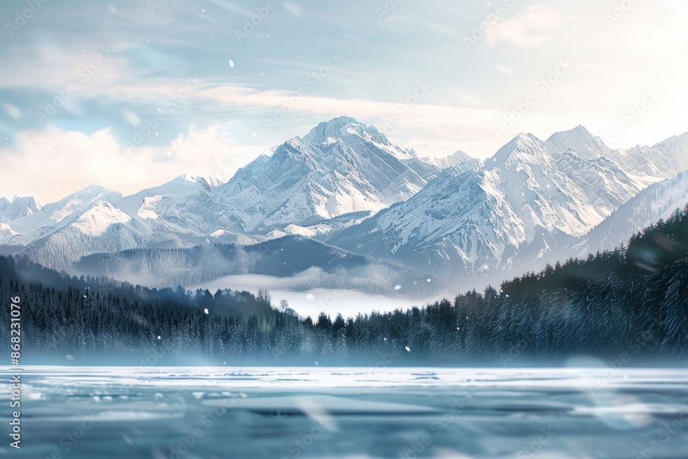 Snow-capped mountains overlooking a frozen lake, with a softly blurred background of snowy trees and sky. Snow-capped mountains overlooking a frozen lake, with a softly blurred background of snowy trees and sky.