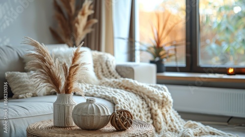 Fototapeta Naklejka Na Ścianę i Meble -  Background: A minimal and contemporary home setup with a blank wall, light floor, and white furniture, complemented by a luxurious lounge area with a cozy sofa and decorative plants for a serene livin