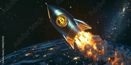 Bitcoin rocket launching into space, symbolizing cryptocurrency growth, investment and the future of finance.