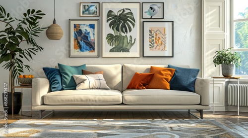 Fototapeta Naklejka Na Ścianę i Meble -  Background: A minimal and contemporary home setup with a blank wall, light floor, and white furniture, complemented by a luxurious lounge area with a cozy sofa and decorative plants for a serene livin