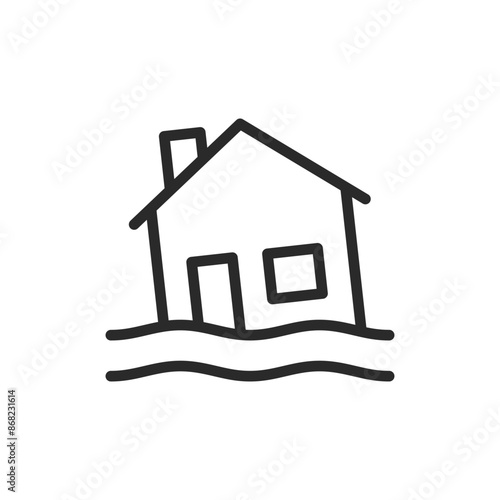 Flooded house, linear style icon. House partially submerged in water, flood damage. Editable stroke width.