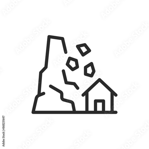 Landslide near house, linear style icon. A house affected by a landslide, natural disasters and emergency situations. Editable stroke width.