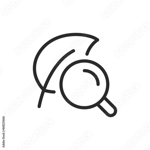 Studying plant, linear style icon. Botany, biology. Magnifying glass and plant leaf. Editable stroke width