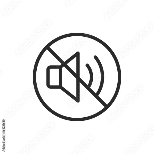 Mute symbol, linear style icon. Speaker with a line through it indicating silence or no sound. Editable stroke width.