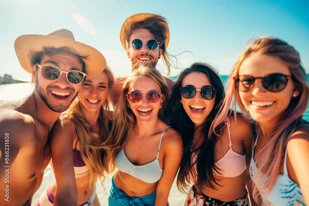 Happy young six friends group of tourists laughing enjoying summer vacation together in beach, summer holidays Happy young six friends group of tourists laughing enjoying summer vacation together in beach, summer holidays