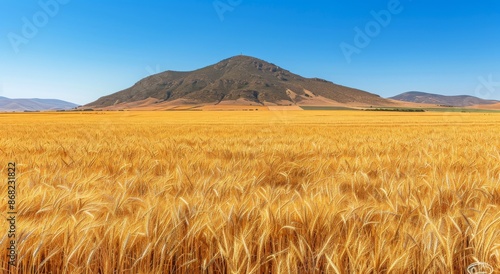 Golden Wheat Field With Distant Mountain Under Blue Sky