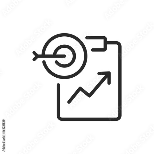 Goal setting and progress tracking, linear style icon. Clipboard with upward graph and target. Editable stroke width