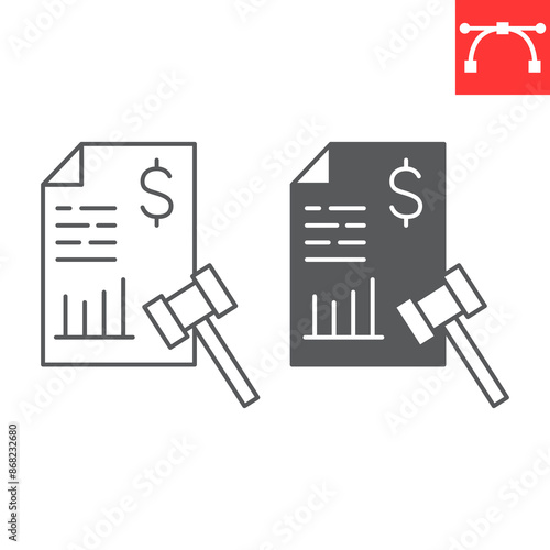 Tax penalty line and glyph icon, tax and gavel, fine vector icon, vector graphics, editable stroke outline sign, eps 10.