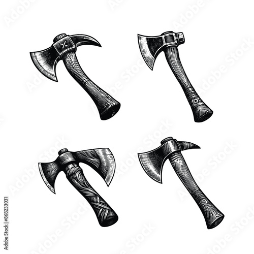 set black and white illustration of hatchet axe isolated on white background