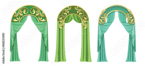 Vector realistic luxury Green curtains in victorian style isolated on background. Decorative silk cloth with folds for cinema, theater, concert posters.