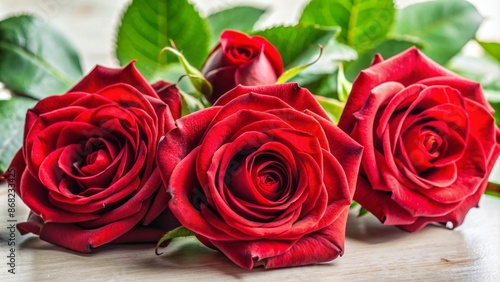 Vibrant, velvety red roses with delicate petals and lush greenery set against a soft, creamy white background, exuding elegance.