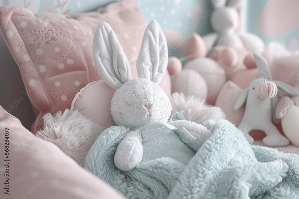 A stuffed plush bunny is nestled under a knitted blanket on children cozy bed A stuffed plush bunny is nestled under a knitted blanket on children cozy bed