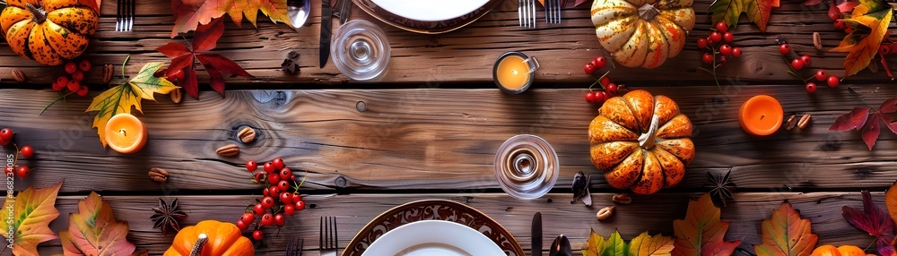 Fototapeta premium Autumn Inspired Tablescape with Rustic Charm and Seasonal Decor