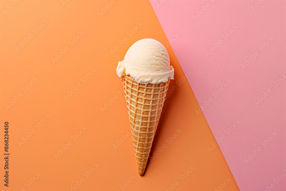 Photo of a single ice cream cone on an orange and pink background, minimal concept, flat lay view from above in studio lighting, pastel colors Photo of a single ice cream cone on an orange and pink background, minimal concept, flat lay view from above in studio lighting, pastel colors