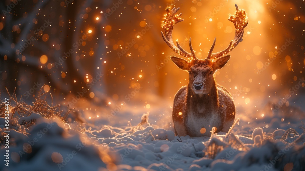 A Deer Is Standing in the Snow with Its Antlers Glinting in the Sun - Generative AI A Deer Is Standing in the Snow with Its Antlers Glinting in the Sun - Generative AI