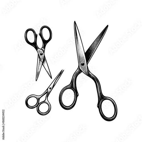 set black and white illustration of scissors isolated on white background