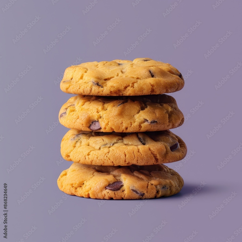 Stack of four homemade chocolate chip cookies on purple background. Bakery treat and snack. Dessert and snack food. Stack of four homemade chocolate chip cookies on purple background. Bakery treat and snack. Dessert and snack food.