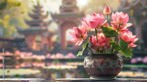 pink lotus flower on vase with temple background photo