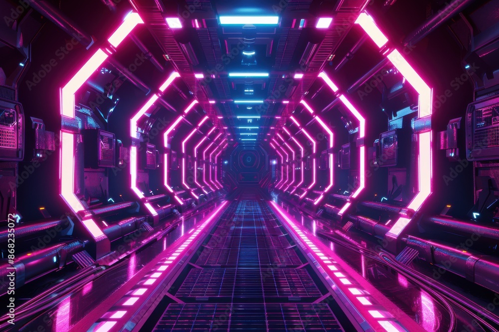 Fototapeta premium Futuristic Sci-Fi Corridor with Neon Lights and Reflective Surfaces. A Journey into the Unknown