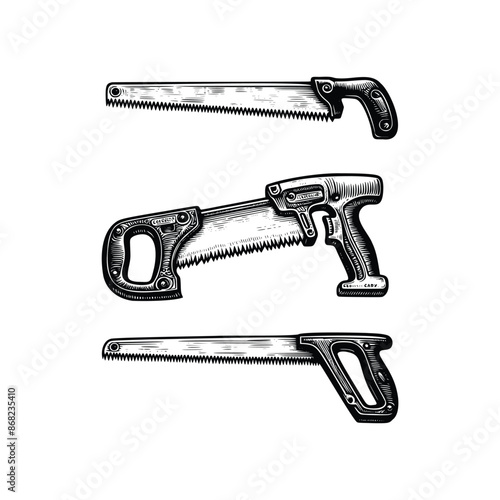 set black and white illustration of hacksaw isolated on white background
