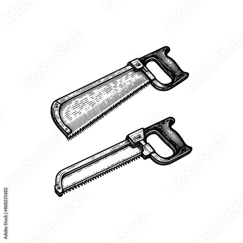 set black and white illustration of hacksaw isolated on white background