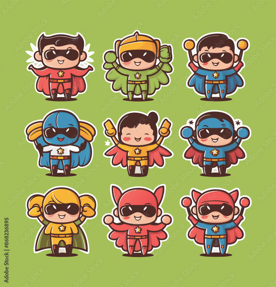 Fototapeta premium Cute superheroes printable stickers clipart illustration set