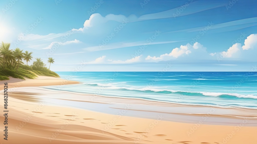 Ocean coastline. Vector illustration of summer beach, tropical ocean coastline with beautiful sky, sand beach. Marine horizontal landscape background. Seascape view. Summer holidays. Vacation place Ocean coastline. Vector illustration of summer beach, tropical ocean coastline with beautiful sky, sand beach. Marine horizontal landscape background. Seascape view. Summer holidays. Vacation place