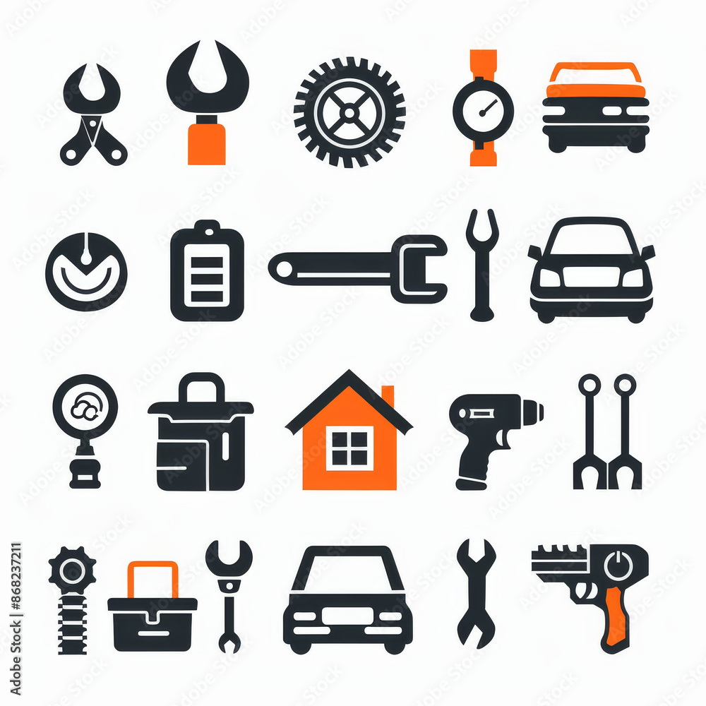 Icon set for repair services, featuring symbols for fix, home repair, car repair, maintenance, toolbox, and repairman services. Presented in a solid icon collection in vector illustration format. Icon set for repair services, featuring symbols for fix, home repair, car repair, maintenance, toolbox, and repairman services. Presented in a solid icon collection in vector illustration format.