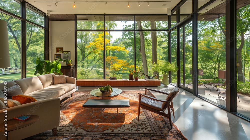 Photo of a modern room in the US with a large window. garden view outside Photo of a modern room in the US with a large window. garden view outside