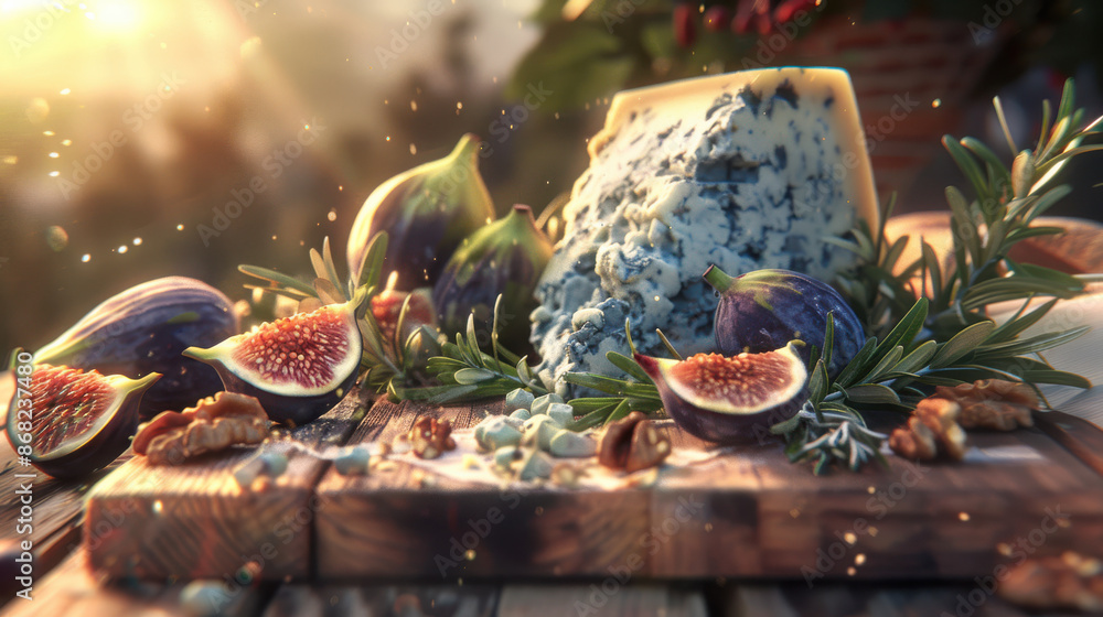 a cheese board featuring blue cheese, figs, walnuts, and rosemary, artistically arranged a cheese board featuring blue cheese, figs, walnuts, and rosemary, artistically arranged