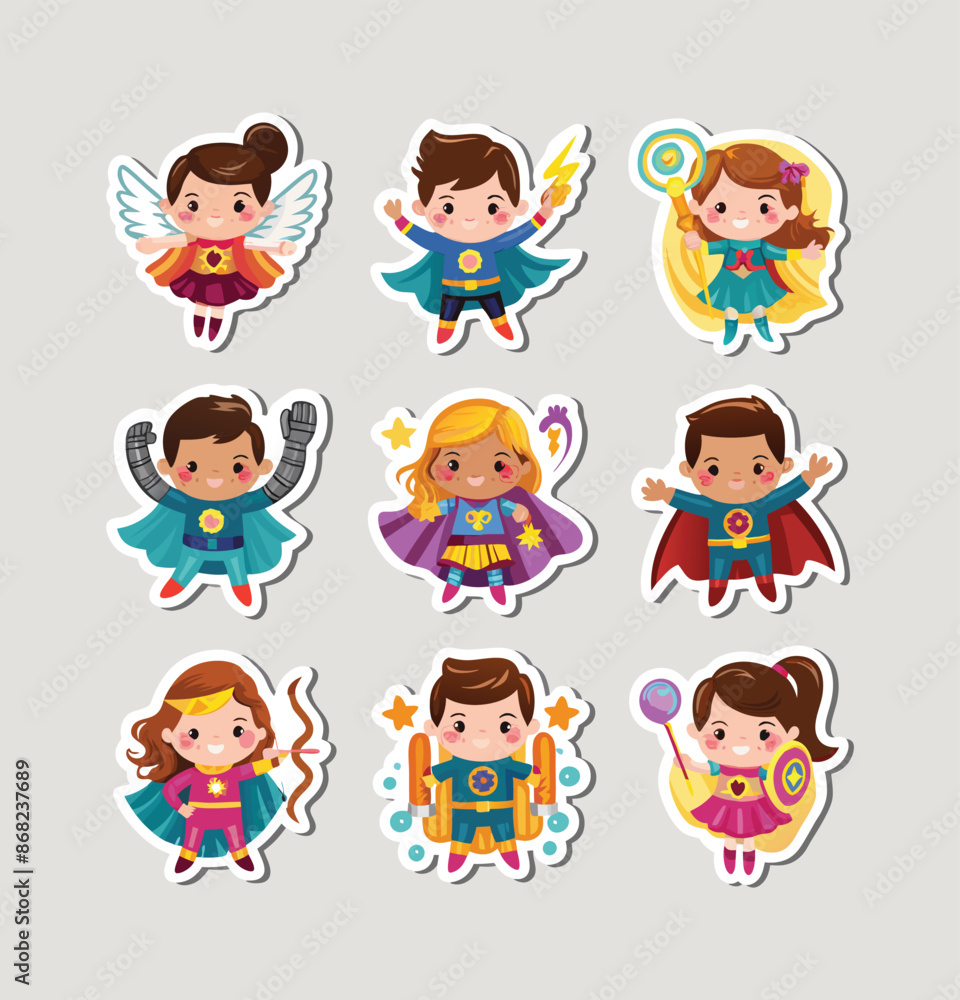 Cute superheroes printable stickers clipart illustration set Cute superheroes printable stickers clipart illustration set