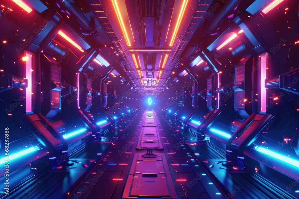 Futuristic Sci-Fi Corridor with Glowing Neon Lights. A 3D Illustration of a Spacecraft or Cyberpunk Game Environment Futuristic Sci-Fi Corridor with Glowing Neon Lights. A 3D Illustration of a Spacecraft or Cyberpunk Game Environment