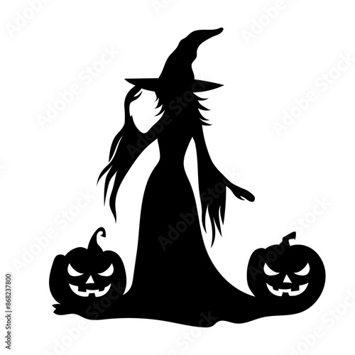 Black silhouette of a witch with scary pumpkins. Halloween witch. Holiday decor. Black and white evil witch. Fairytale character.